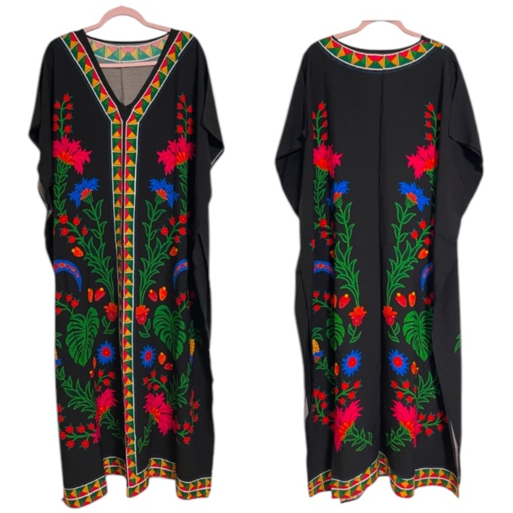 Women’s Caftan Dress Beach Vacation Kaftan Black Floral One Size Fit Most M-2XL